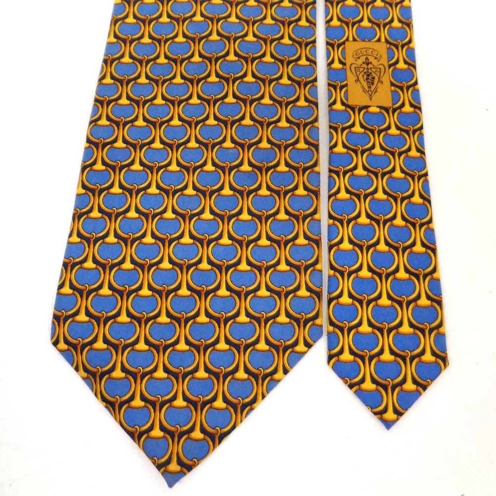 GUCCI men's 100% silk tie horsebit pattern Blue & Gold 59" Made in Italy